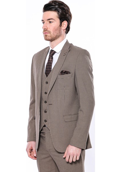Erkek Kahverengi Kendinden Desenli Slim Fit Ceket