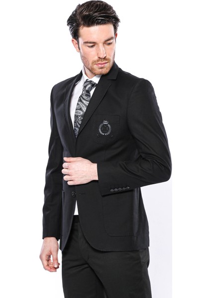 Erkek Siyah Torba Cep Armalı Slim Fit Ceket