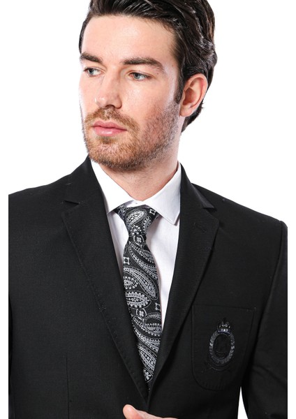 Erkek Siyah Torba Cep Armalı Slim Fit Ceket