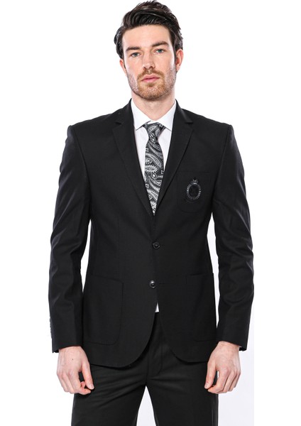 Erkek Siyah Torba Cep Armalı Slim Fit Ceket
