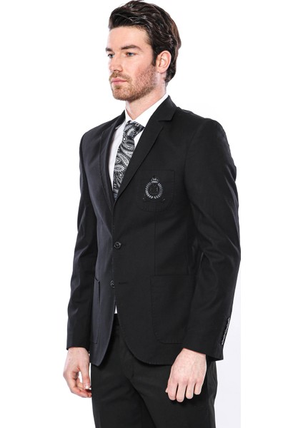 Erkek Siyah Torba Cep Armalı Slim Fit Ceket