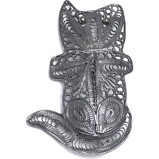 Midyat Nurtaş Gümüş Kedi Model Oksitli Telkari Kadın Gümüş Broş