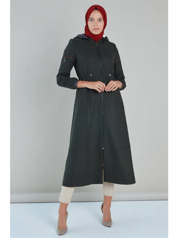 Zuhre Renkli Ribana Detayli Uzun Kap Haki 12003 Fiyati