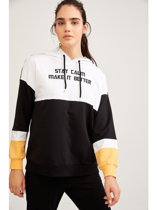 Defacto Yazi Baskili Renk Bloklu Kapusonlu Sweatshirt Fiyati