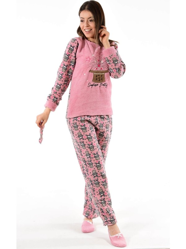 Pijamoni Kadin 4120 Desenli Goz Bantli Polar Pijama Takimi Fiyati