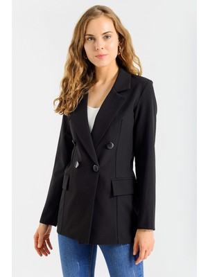 Jument Kadın Blazer Düğme Detaylı Uzun Kol Şık Ofis Süs Cep Kapaklı Ceket-Siyah 36