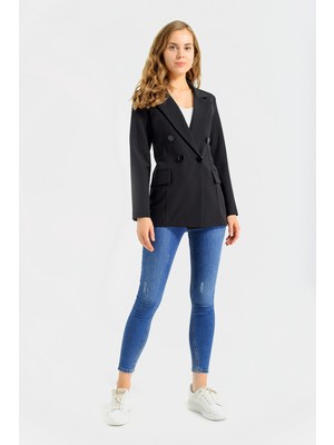 Jument Kadın Blazer Düğme Detaylı Uzun Kol Şık Ofis Süs Cep Kapaklı Ceket-Siyah 36