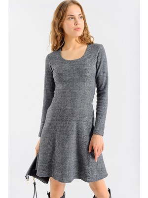 Jument Kadın Ekose Desenli Kışlık Eteği Kiloş Diz Boy Elbise-Antrasit 38