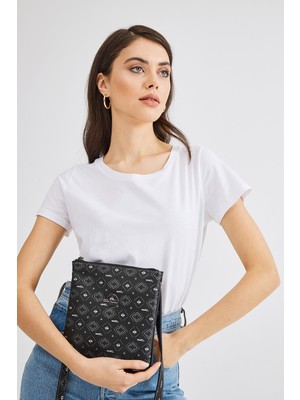 Deri Company Kadın Basic Omuz Çantası Monogram Desenli Logolu Siyah Gri (LG4029-SG) 214028