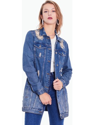 Vintage Denim Kadın Mavi Yırtık Detaylı Uzun Kot Ceket