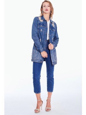 Vintage Denim Kadın Mavi Yırtık Detaylı Uzun Kot Ceket