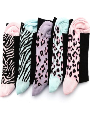 Ciorap 5'li Kadın Leopar Desen Asortili Çorap 3470B-B5