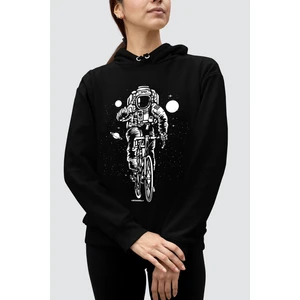 Bisikletli Astronot Siyah Kapüşonlu Kadın Sweatshirt