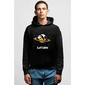 Satürnde Panda Siyah Kapüşonlu Erkek Sweatshirt