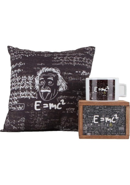 Einstein Puf Yastık Einstein Tasarımlı Ahşap Kutulu Kupa Hediye Seti