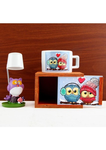 Aşık Baykuşlar Hediye Seti Baykuş Kutulu Kupa Baykuş Işıklı Biblo