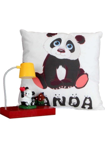 Evini Özleyen Sevimli Panda Sarı Masa Gece Lambası Işıklı Biblo Panda Puf Yastık Hediye Seti