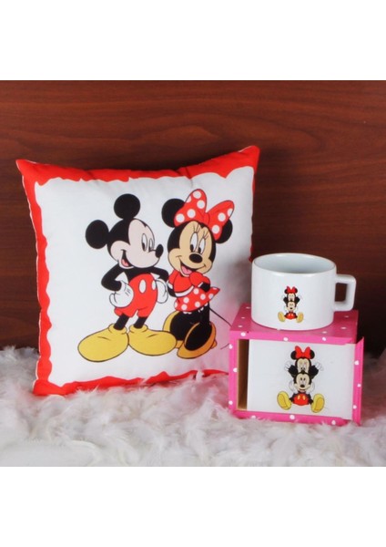 Minnie Mouse Mickey Mouse Tasarımlı Puf Yastık Minnie Ahşap Kutulu Kupa Hediye Seti
