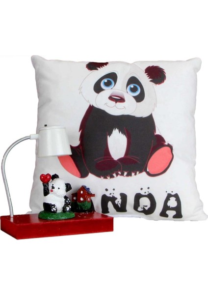 Evini Özleyen Sevimli Panda Beyaz Masa Gece Lambası Işıklı Biblo Panda Puf Yastık Hediye Seti