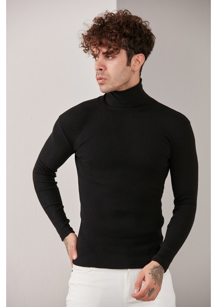 Erkek Siyah Lycra Boğazlı Kazak