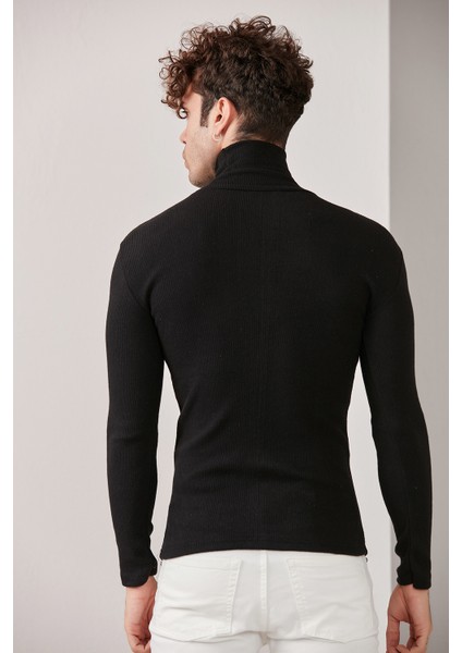 Erkek Siyah Lycra Boğazlı Kazak