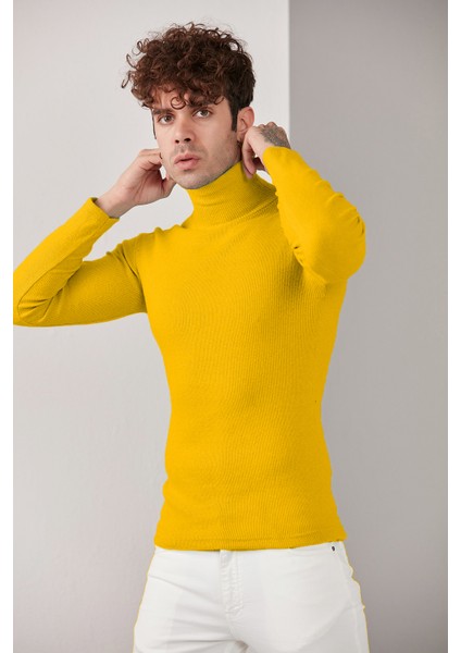 Erkek Hardal Lycra Boğazlı Kazak