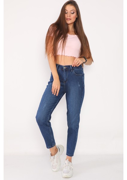 Yüksek Bel Full Likralı Mom Jeans Kot Pantolon