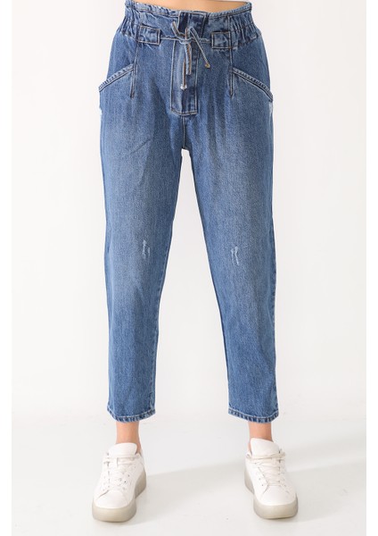 Yüksek Bel Beli Lastikli Mavi Kot Pantolon