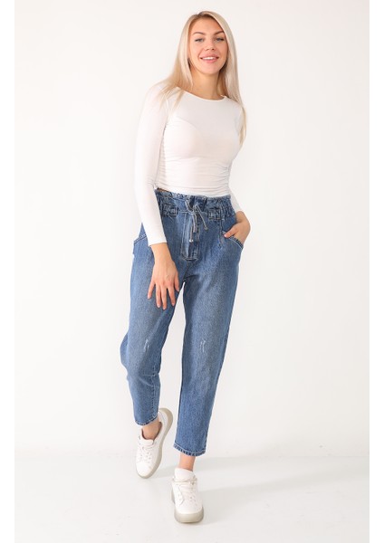 Yüksek Bel Beli Lastikli Mavi Kot Pantolon