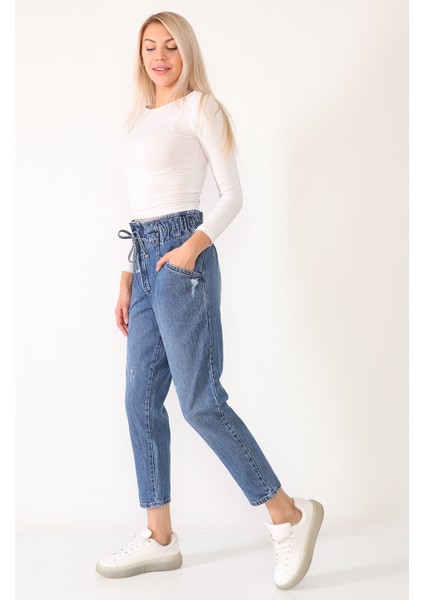 Yüksek Bel Beli Lastikli Mavi Kot Pantolon