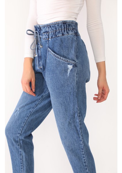Yüksek Bel Beli Lastikli Mavi Kot Pantolon