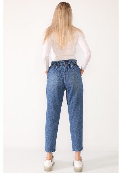Yüksek Bel Beli Lastikli Mavi Kot Pantolon