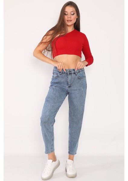 Yüksek Bel Full Likralı Mom Jeans Kot Pantolon