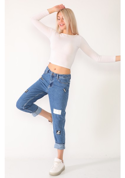 Baskılı Mavi Mom Jeans Kot Pantolon