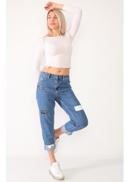 Baskılı Mavi Mom Jeans Kot Pantolon