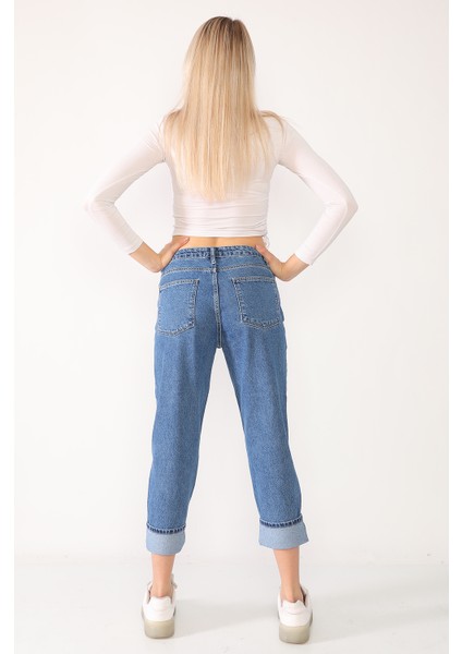 Baskılı Mavi Mom Jeans Kot Pantolon