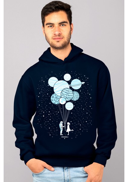 Balon Gezegenler Lacivert Kapüşonlu Erkek Sweatshirt