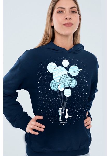 Balon Gezegenler Lacivert Kapüşonlu Kadın Sweatshirt