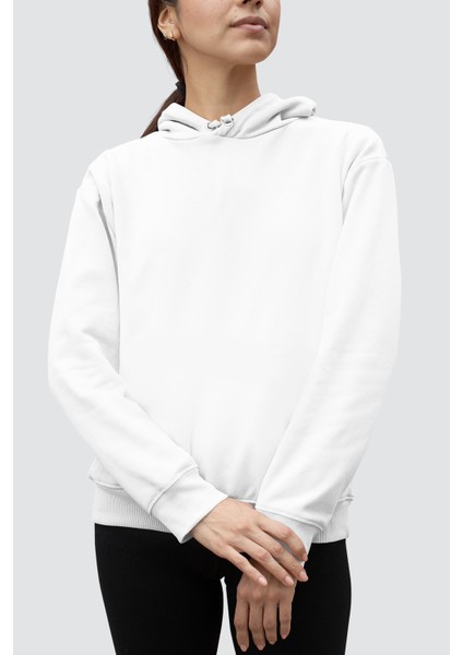 Düz, Baskısız Beyaz Kapüşonlu Kadın Sweatshirt