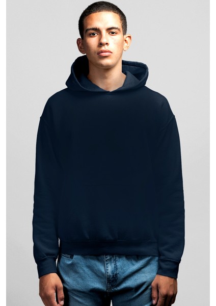 Düz, Baskısız Lacivert Kapüşonlu Erkek Sweatshirt