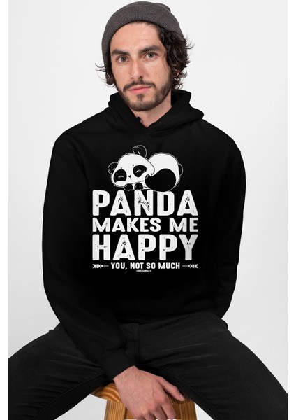 Mutlu Panda Siyah Kapüşonlu Erkek Sweatshirt