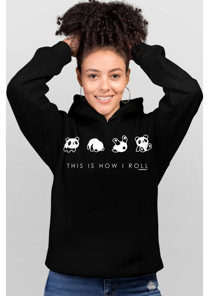 Panda Taklası Siyah Kapüşonlu Kadın Sweatshirt