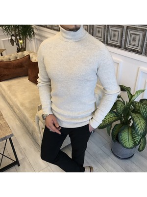 Terzi Adem Italyan Stil Slim Fit Erkek Triko Balıkçıl Yaka Boğazlı Kazak Krem T5041