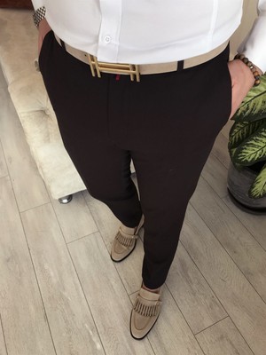 Terzi Adem Italyan Stil Slim Fit Erkek Kumaş Pantolon Kahverengi T4488