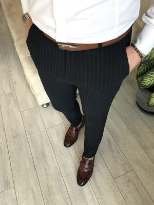 Terzi Adem Italyan Stil Slim Fit Erkek Kumaş Pantolon Çizgili Lacivert T4912