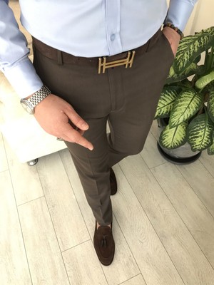 Terzi Adem Italyan Stil Slim Fit Erkek Kumaş Pantolon Kahverengi T4911