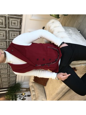 Terzi Adem Italyan Stil Erkek Kışlık Kruvaze Kaşe Cepken Yelek Kırmızı T1905