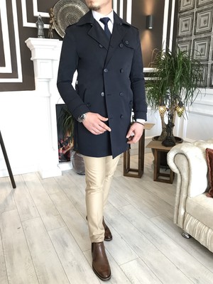 Terzi Adem Italyan Stil Slim Fit Mevsimlik Erkek Trençkot Mont Lacivert T4979