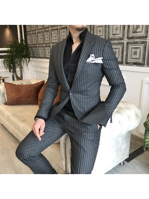 Terzi Adem İtalyan Stil Slim Fit Çizgili Erkek Ceket Pantolon Takım Elbise Koyu Gri T4898