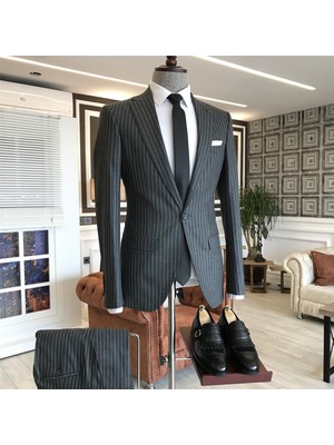 Terzi Adem İtalyan Stil Slim Fit Çizgili Erkek Ceket Pantolon Takım Elbise Koyu Gri T4898